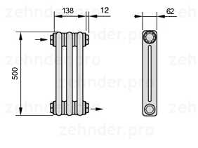 Схема (чертеж) Радиатор Zehnder Charleston 2050/3 №1670 Белый глянцевый RAL 9016